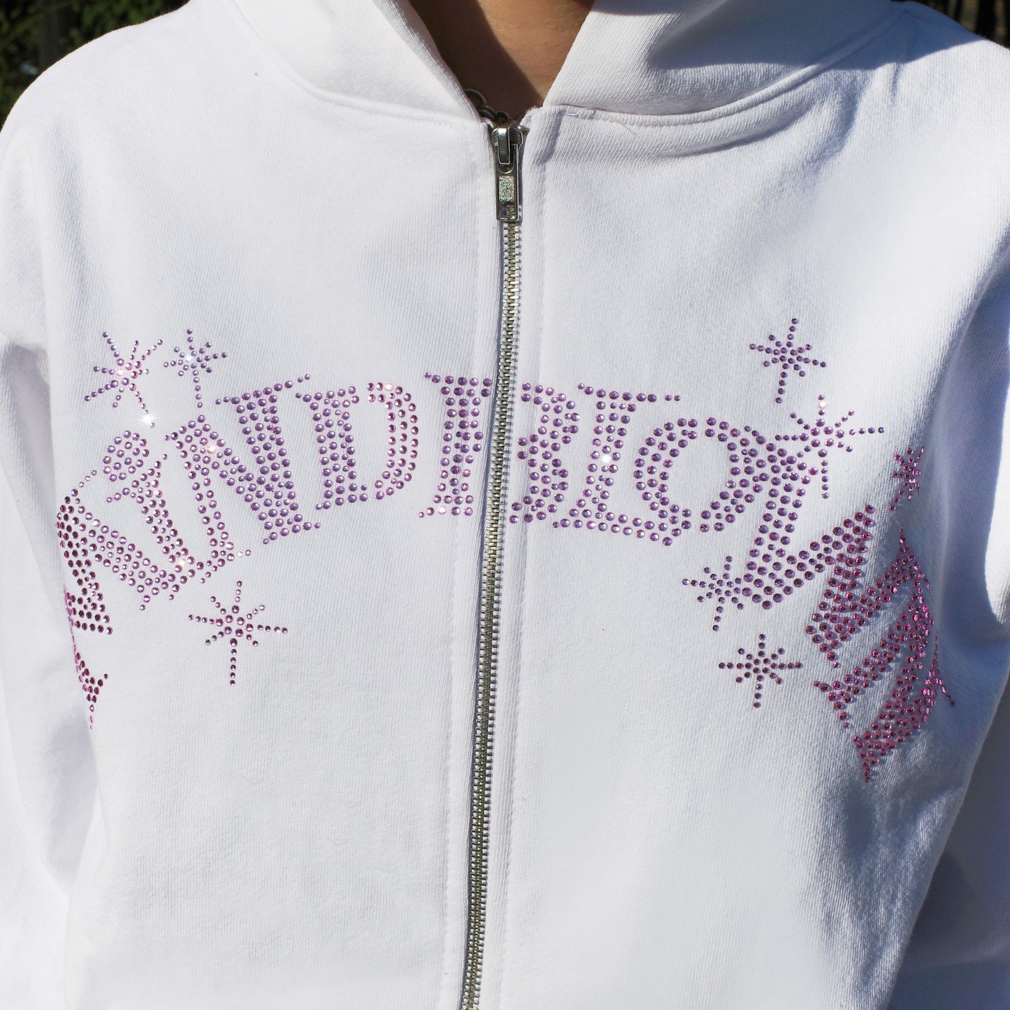 WHITE / PINK RHINESTONE SPARKLE ZIP UP HOODIE