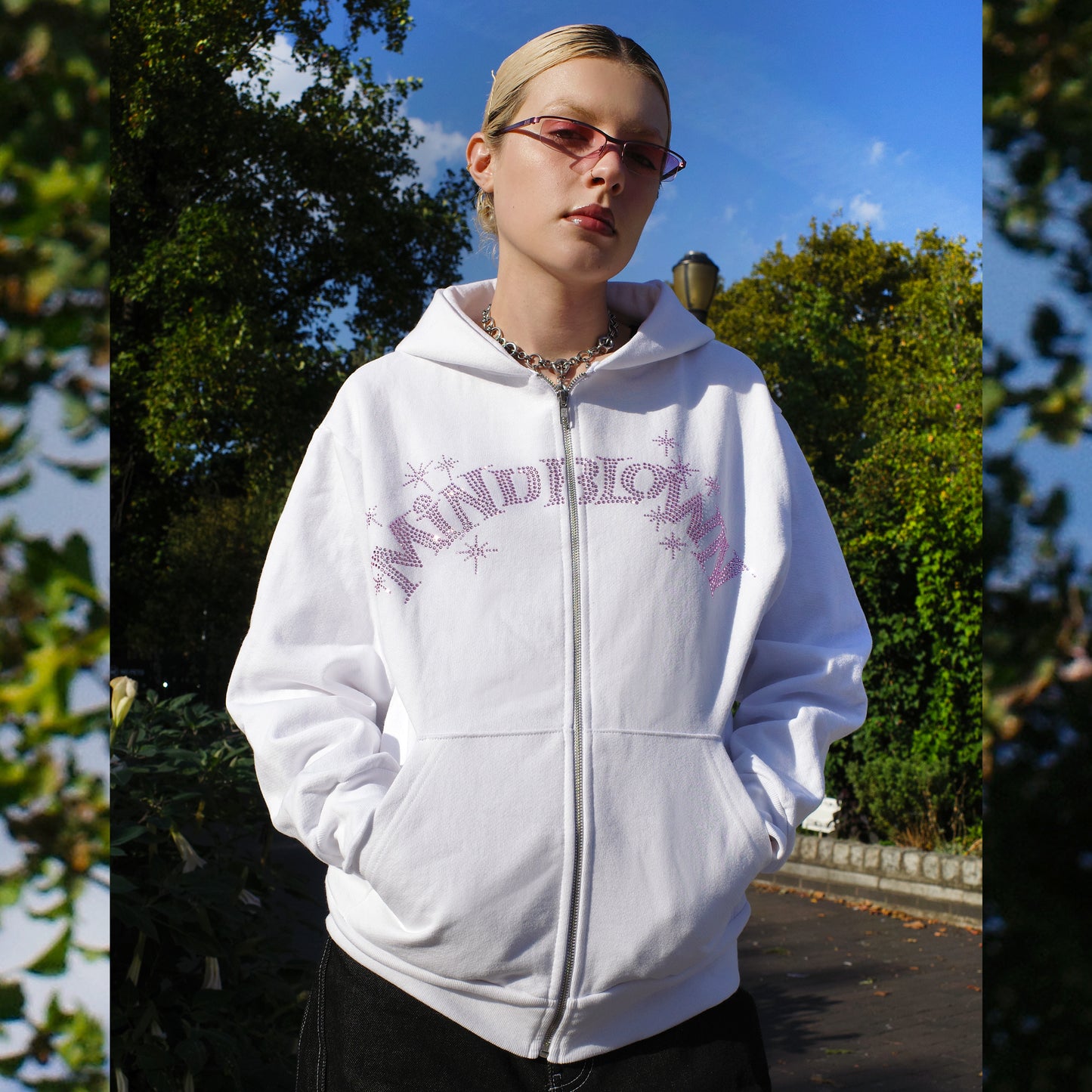 WHITE / PINK RHINESTONE SPARKLE ZIP UP HOODIE