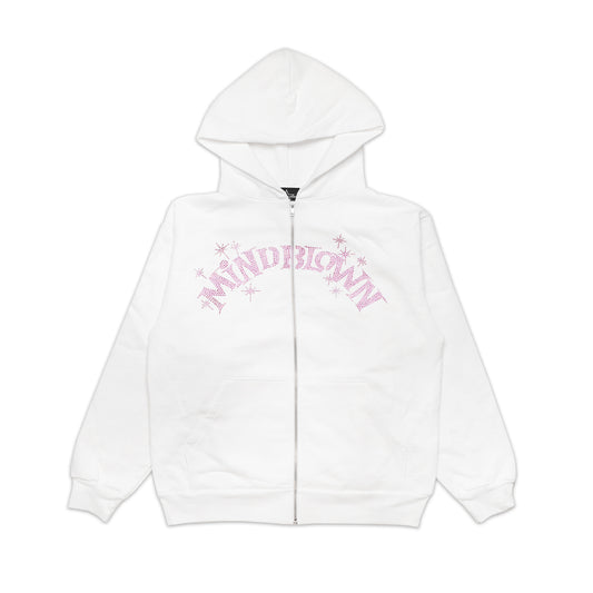 WHITE / PINK RHINESTONE SPARKLE ZIP UP HOODIE